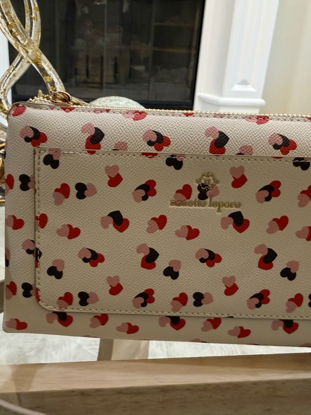 Nanette Lepore Cream Heart-Print Crossbody with Red Pink Black Hearts - Picture 11 of 11